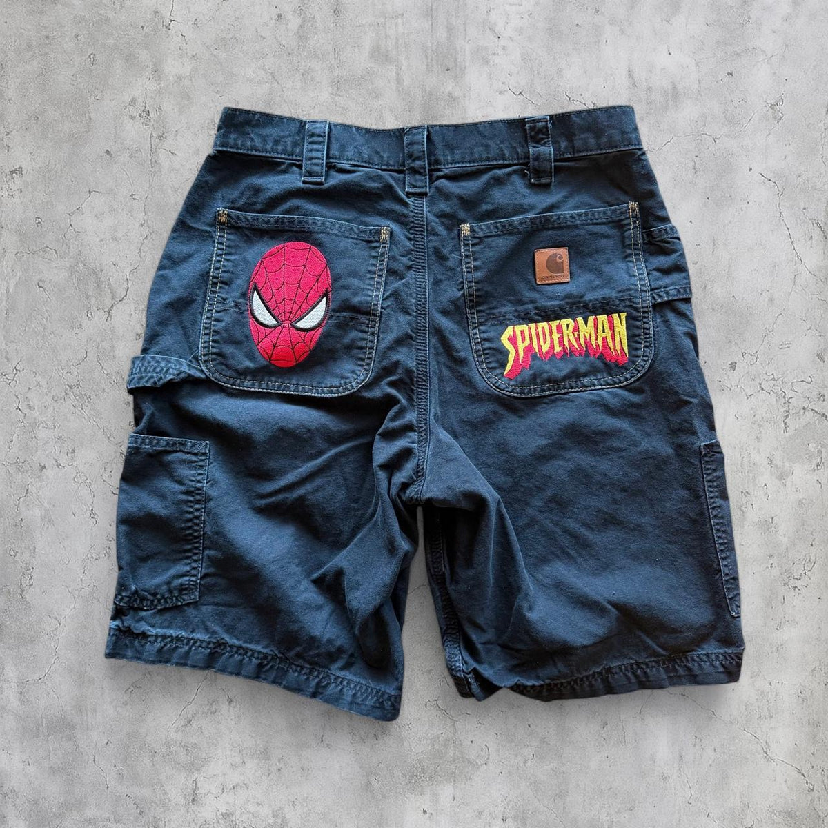 (32) spider man embroidered jorts